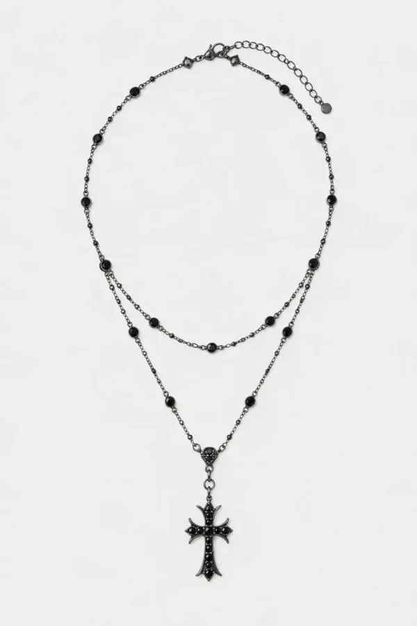 Vintage Cross Beads Choker Necklace | Double-Layer Hip Hop Chain - vintage cross beads choker necklace - Y2K Grunge Streetwear Aesthetic by Vexlyne