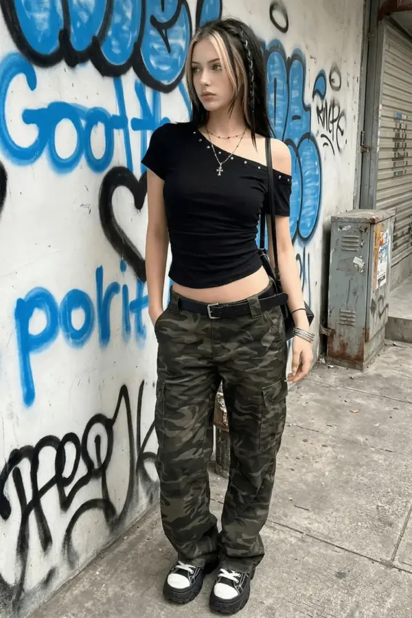 Black Slant Shoulder Crop Top - Y2K Off-Shoulder alternate view by Vexlyne