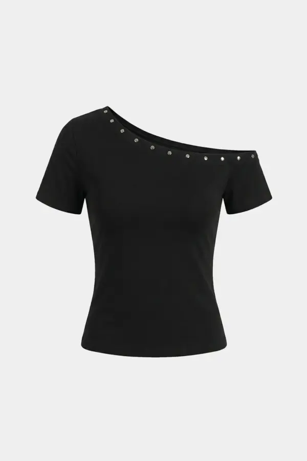 Black Slant Shoulder Crop Top - Y2K Off-Shoulder by Vexlyne