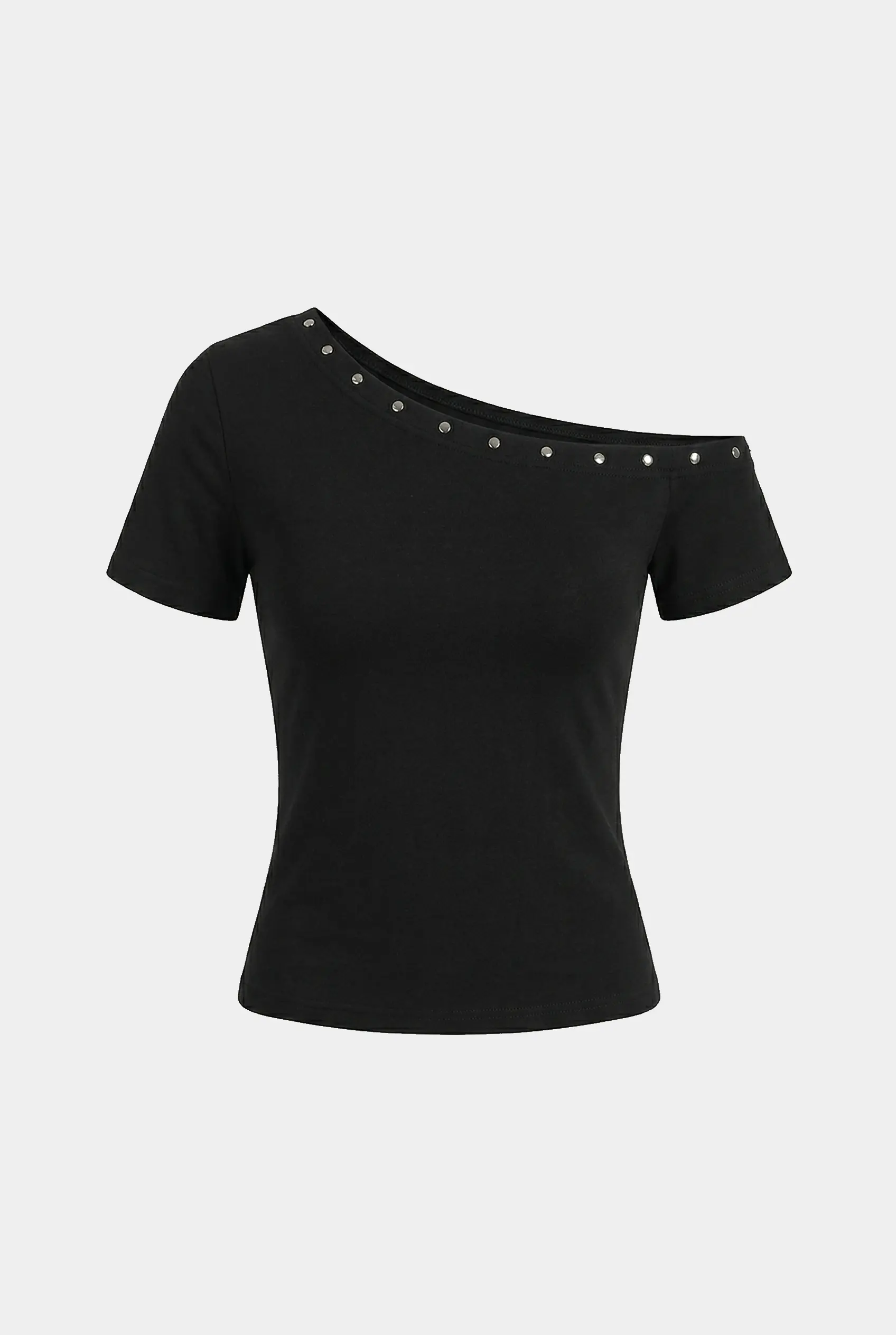 Black Slant Shoulder Crop Top - Y2K Off-Shoulder by Vexlyne