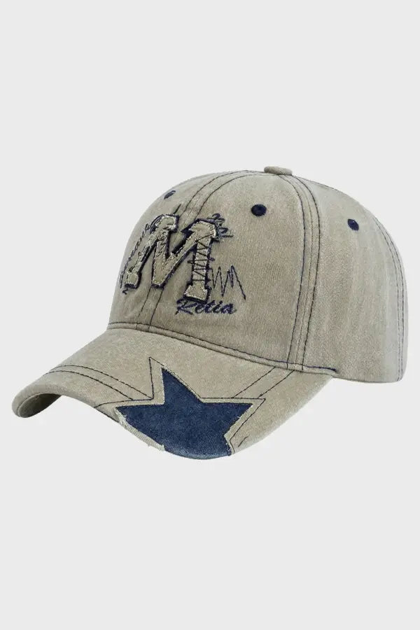 Retro Baseball Cap with M Letter Embroidery | Washed Star Dad Hat - retro baseball cap M letter embroidery - Y2K Grunge Streetwear Aesthetic by Vexlyne