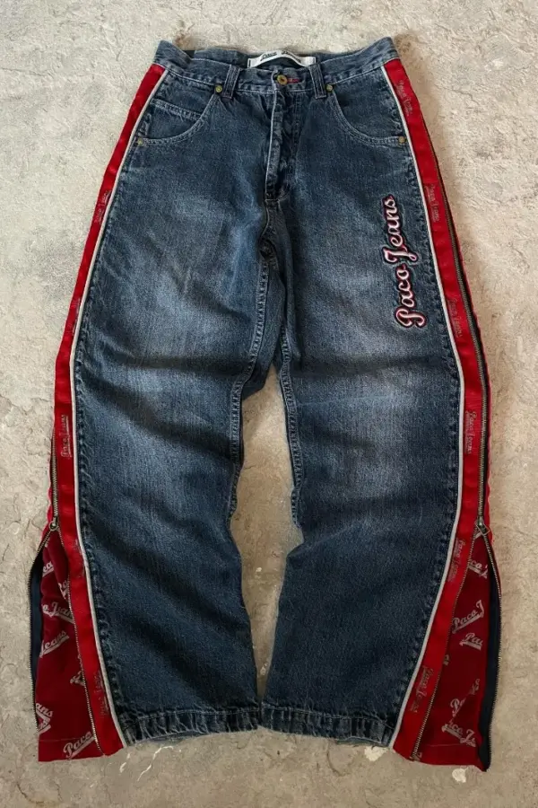 Y2K Letter Embroidery Baggy Jeans | Gothic Red Zipper Wide-Leg Trousers - Y2K letter embroidery baggy jeans - Y2K Grunge Streetwear Aesthetic by Vexlyne