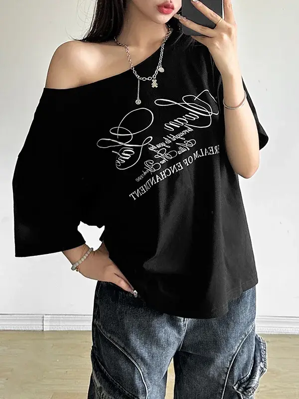 Oversized One-Shoulder Letter Print Top | Y2K Vintage Street Tee - oversized one-shoulder letter print top - Y2K Grunge Streetwear Aesthetic by Vexlyne