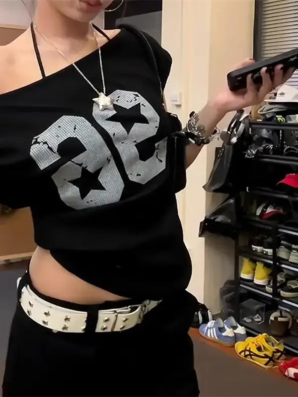 Off-Shoulder Y2K Printed T-Shirt | Harajuku Loose Fit - off-shoulder Y2K printed t-shirt - Y2K Grunge Streetwear Aesthetic by Vexlyne