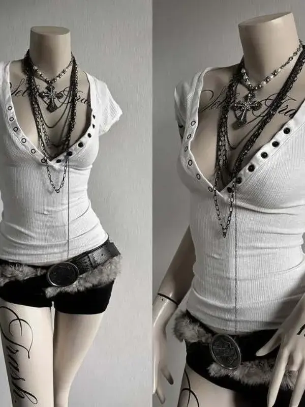 Y2K V-Neck Slim Crop Top | Harajuku Punk Goth Streetwear Tee - Y2K V-neck slim crop top - Y2K Grunge Streetwear Aesthetic by Vexlyne