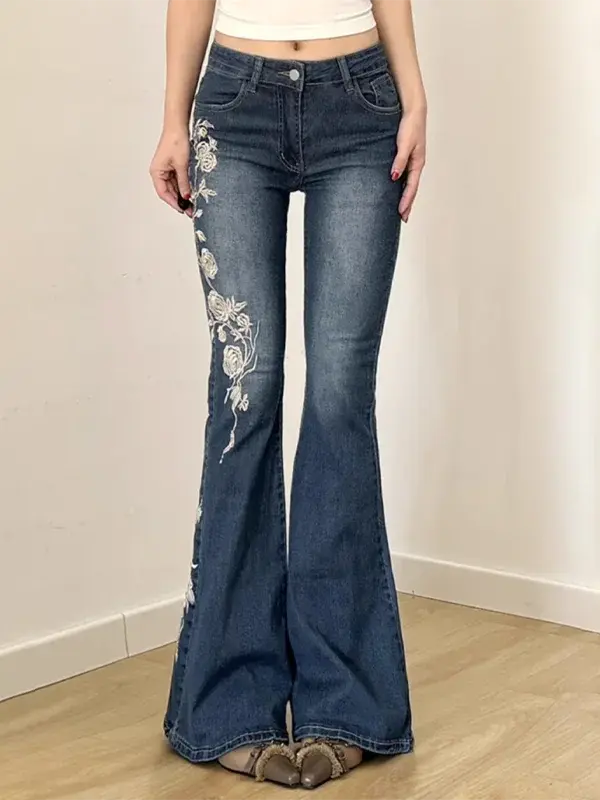 Y2K Floral Embroidered Flared Jeans - y2k floral embroidered flared jeans - Y2K Grunge Streetwear Aesthetic by Vexlyne