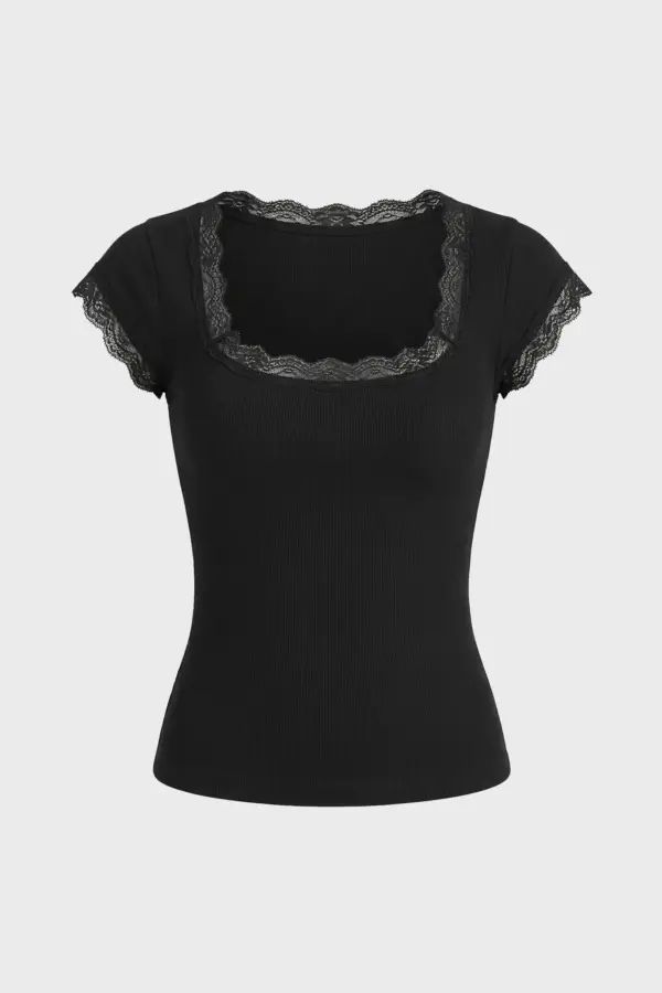 Y2K Lace Patchwork Crop Top | Harajuku Square Neck Tee - Y2K lace patchwork crop top - Y2K Grunge Streetwear Aesthetic by Vexlyne