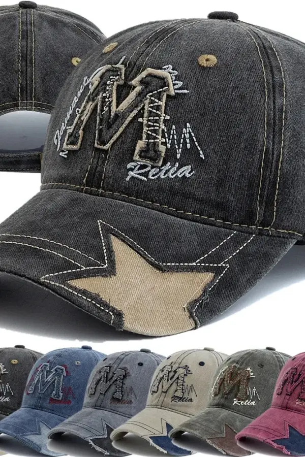 Retro Baseball Cap with M Letter Embroidery | Washed Star Dad Hat - retro baseball cap M letter embroidery - Y2K Grunge Streetwear Aesthetic by Vexlyne