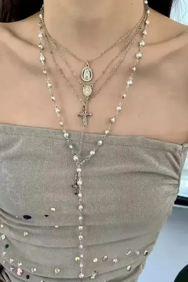 Cross Pearl Multi-Layer Bead Necklace Set | Vintage Y2K Charm Jewelry - cross pearl multi-layer bead necklace set - Y2K Grunge Streetwear Aesthetic by Vexlyne