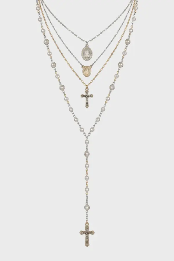 Cross Pearl Multi-Layer Bead Necklace Set | Vintage Y2K Charm Jewelry - cross pearl multi-layer bead necklace set - Y2K Grunge Streetwear Aesthetic by Vexlyne