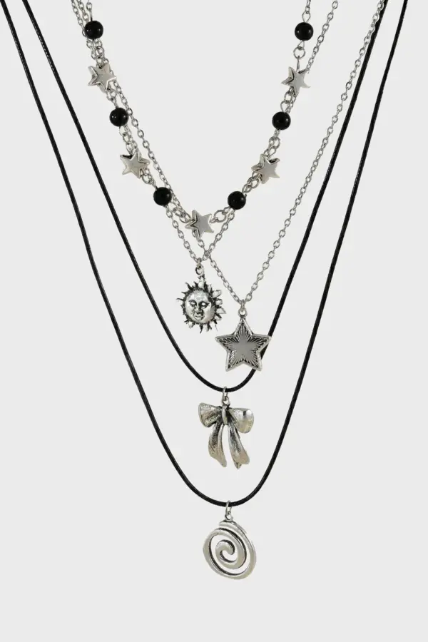 Gothic Silver Layered Necklace Set (4pcs) | Y2K Sun Star Bow Pendant Jewelry - gothic silver layered necklace set - Y2K Grunge Streetwear Aesthetic by Vexlyne