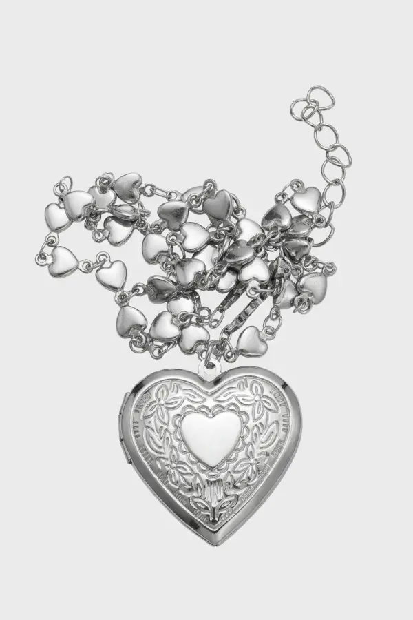 Heart Photo Locket Pendant Necklace | Silver Stainless Steel Y2K Jewelry - heart photo locket pendant necklace - Y2K Grunge Streetwear Aesthetic by Vexlyne