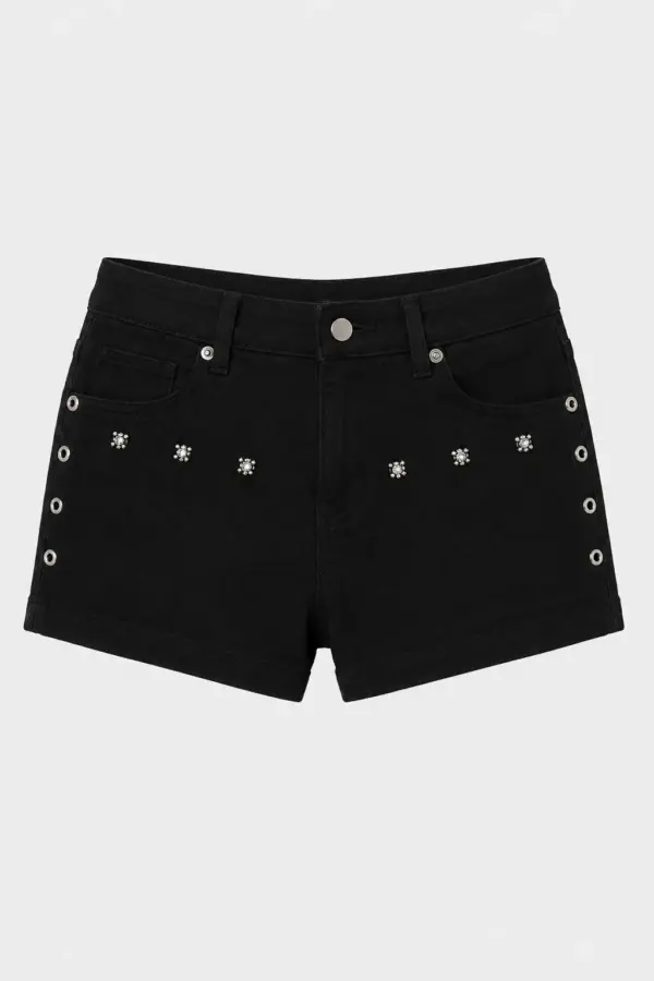 Black Y2K Low Waist Punk Denim Shorts - Black Y2K Low Waist - Y2K Grunge Streetwear Aesthetic by Vexlyne