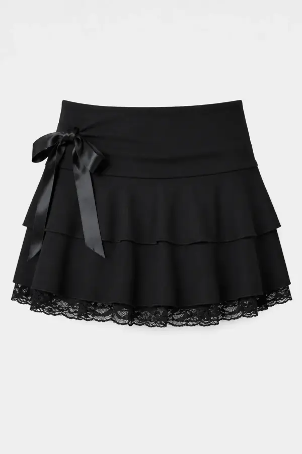 Goth Y2K Black Lace Bow A-Line Mini Skirt - Goth Y2K Black Lace - Y2K Grunge Streetwear Aesthetic by Vexlyne