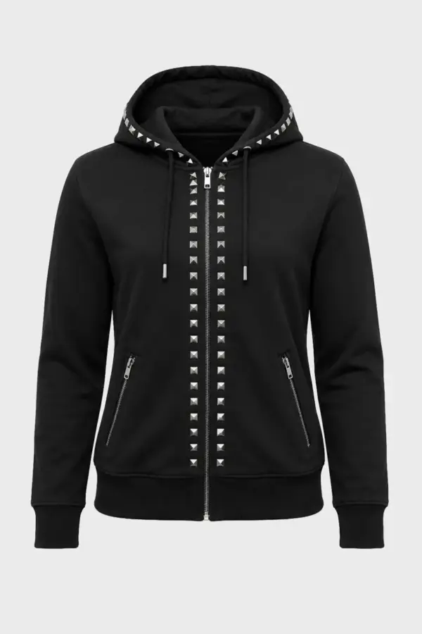 Y2K Gothic Rivet Zipper Hoodie - Black Oversized - y2k gothic rivet zipper hoodie black oversized - Y2K Grunge Streetwear Aesthetic by Vexlyne