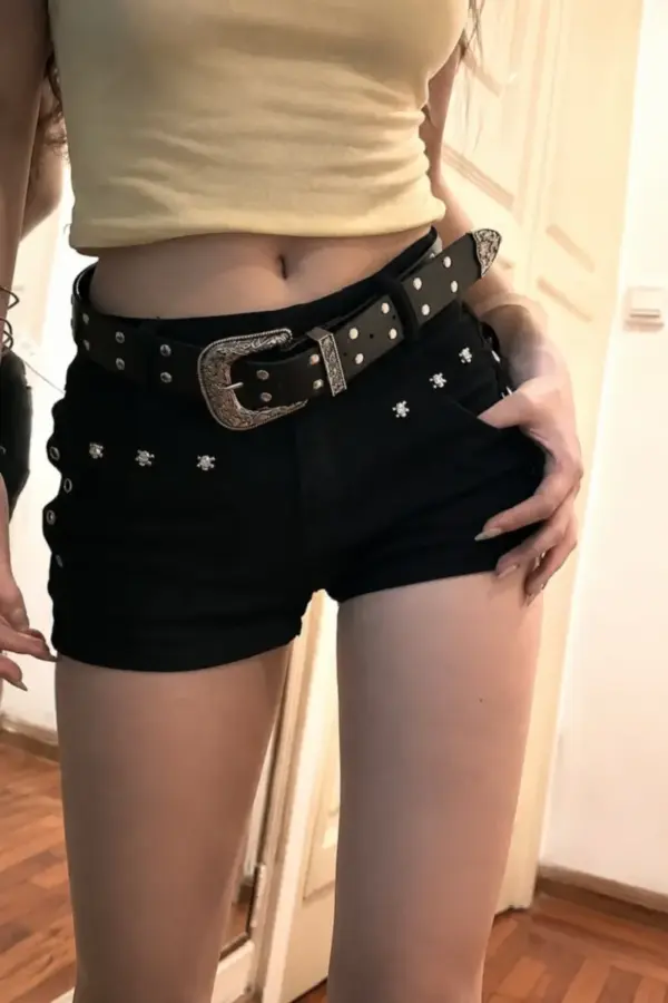Black Y2K Low Waist Punk Denim Shorts - Black Y2K Low Waist - Y2K Grunge Streetwear Aesthetic by Vexlyne