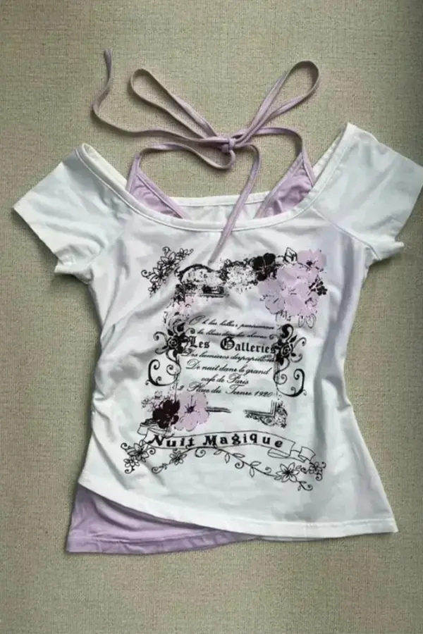 Y2K Floral Halter Lace-Up Off-Shoulder Print Tee - Y2K Floral Halter Lace - Y2K Grunge Streetwear Aesthetic by Vexlyne