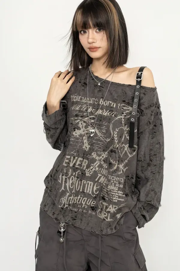 Y2K Distressed Off-Shoulder Long Sleeve Tee - y2k distressed off shoulder long sleeve tee - Y2K Grunge Streetwear Aesthetic by Vexlyne