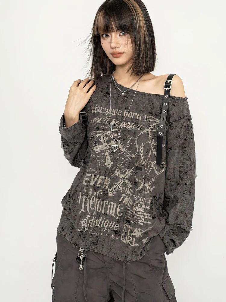 Y2K Distressed Off-Shoulder Long Sleeve Tee - y2k distressed off shoulder long sleeve tee - Y2K Grunge Streetwear Aesthetic by Vexlyne