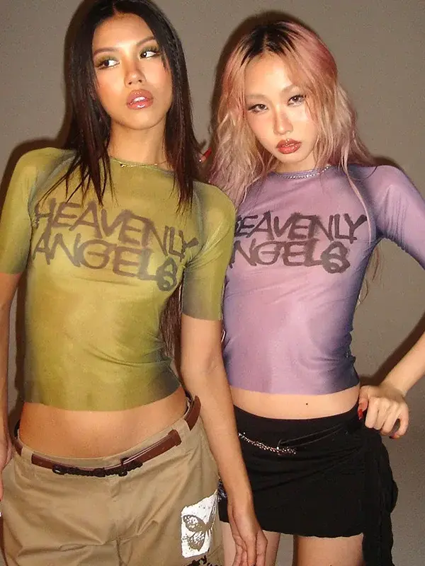 Y2K Sheer Letter Print Graphic Crop Top - y2k sheer letter print graphic crop top - Y2K Grunge Streetwear Aesthetic by Vexlyne