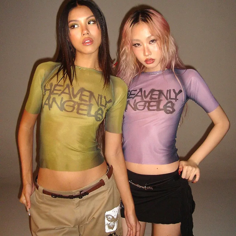 Y2K Sheer Letter Print Graphic Crop Top - y2k sheer letter print graphic crop top - Y2K Grunge Streetwear Aesthetic by Vexlyne
