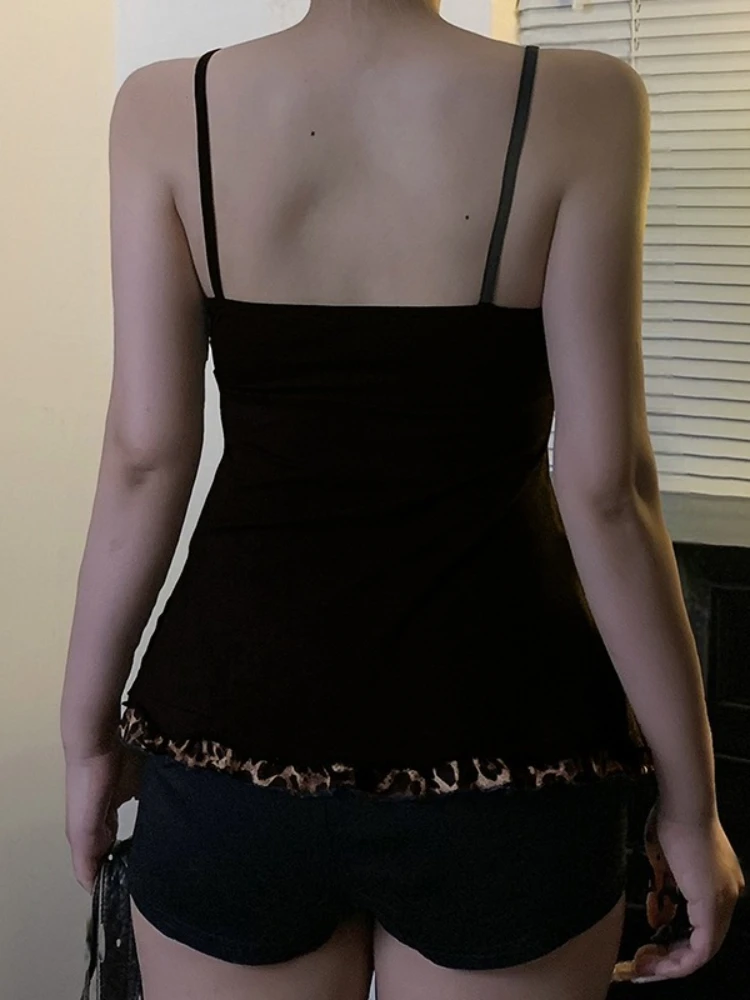 Y2K Leopard Patchwork Lace-Up Crop Camisole - y2k leopard patchwork lace up crop camisole - Y2K Grunge Streetwear Aesthetic by Vexlyne