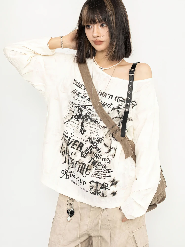 Y2K Distressed Off-Shoulder Long Sleeve Tee - y2k distressed off shoulder long sleeve tee - Y2K Grunge Streetwear Aesthetic by Vexlyne