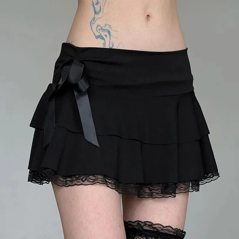 Goth Y2K Black Lace Bow A-Line Mini Skirt - Goth Y2K Black Lace - Y2K Grunge Streetwear Aesthetic by Vexlyne
