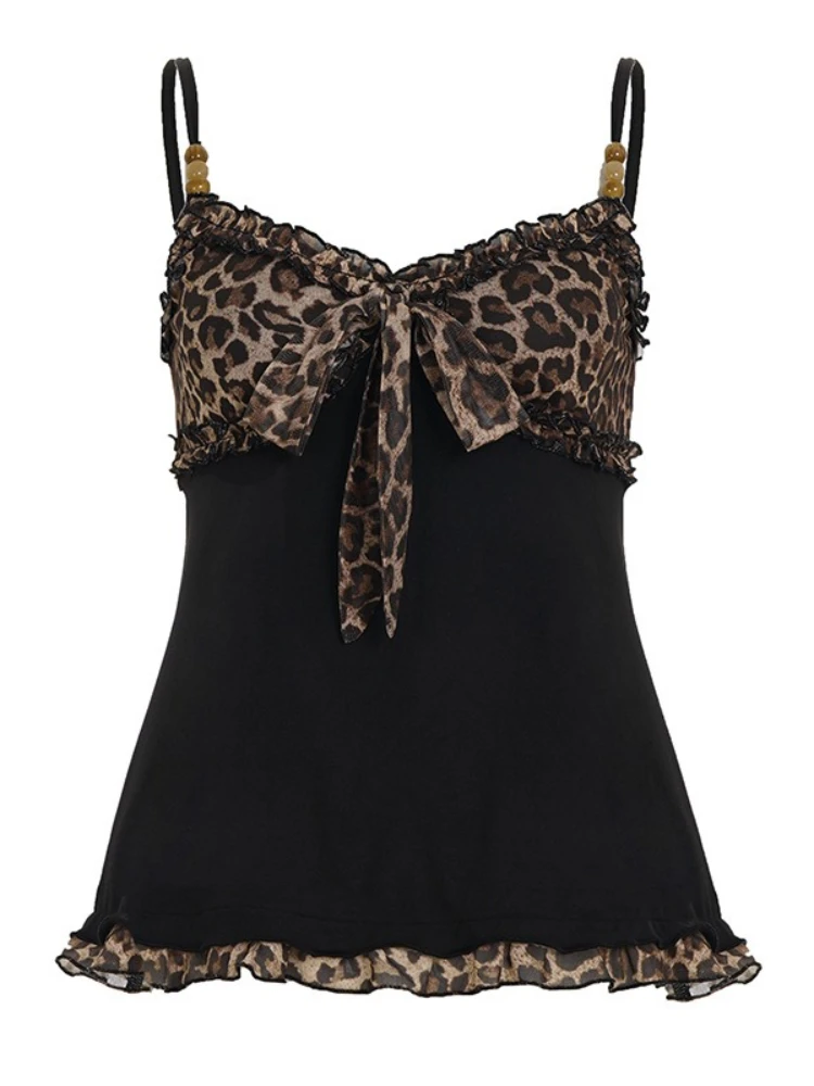 Y2K Leopard Patchwork Lace-Up Crop Camisole - y2k leopard patchwork lace up crop camisole - Y2K Grunge Streetwear Aesthetic by Vexlyne
