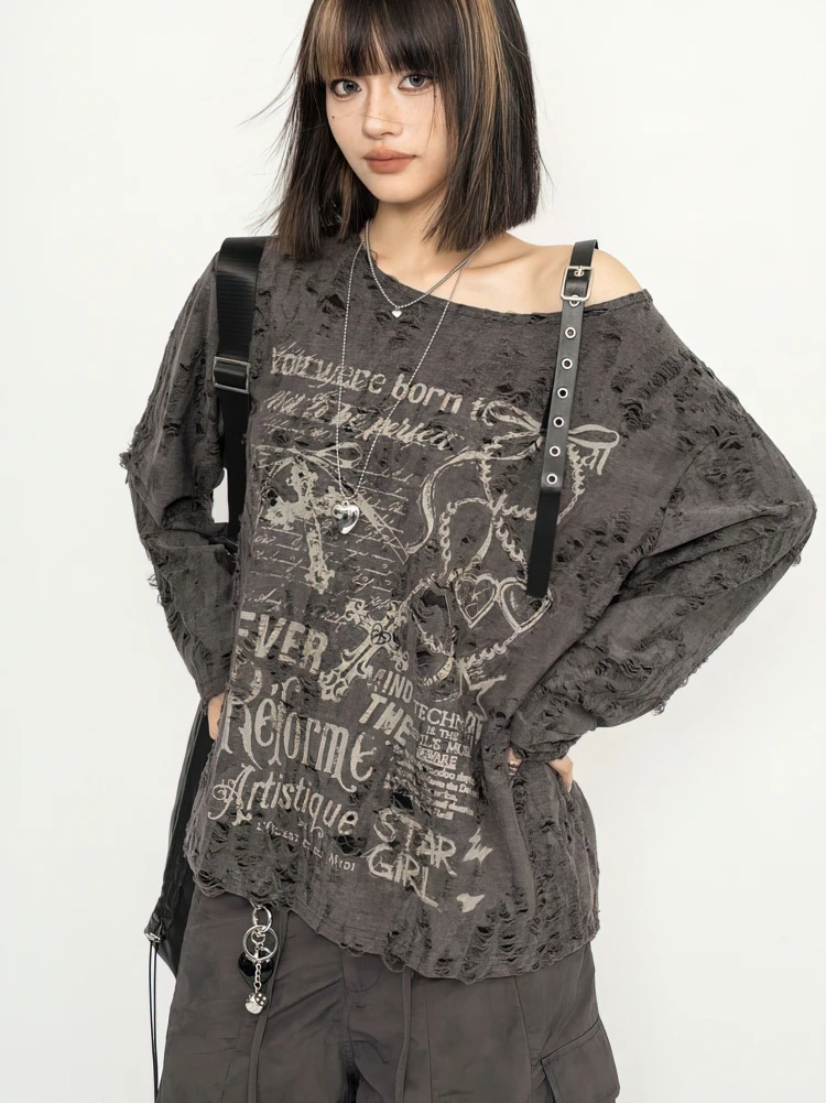 Y2K Distressed Off-Shoulder Long Sleeve Tee - y2k distressed off shoulder long sleeve tee - Y2K Grunge Streetwear Aesthetic by Vexlyne