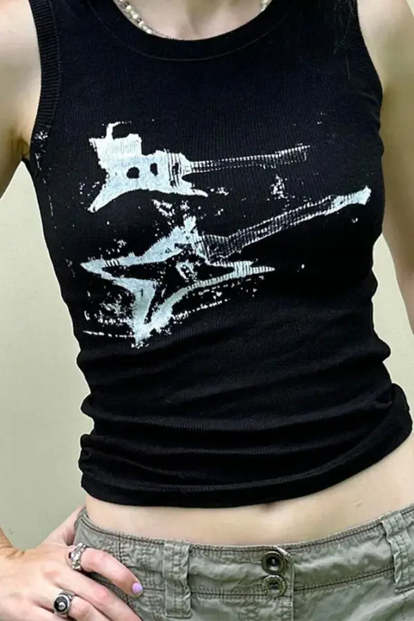 Y2K Grunge Guitar Print Ribbed Crop Tank Top - Y2K Grunge Guitar Print - Y2K Grunge Streetwear Aesthetic by Vexlyne