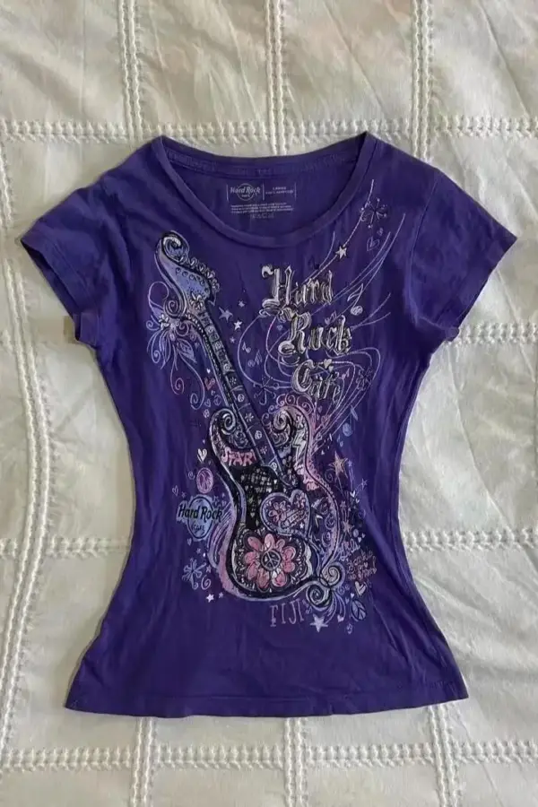 Women's Y2K Grunge Purple Print T-Shirt - womens y2k grunge purple print t shirt - Y2K Grunge Streetwear Aesthetic by Vexlyne