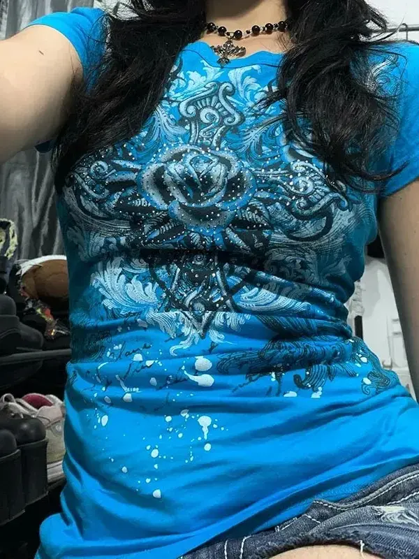 Women's Y2K Grunge Rhinestone Heart Rose Tee - womens y2k grunge rhinestone heart rose tee - Y2K Grunge Streetwear Aesthetic by Vexlyne