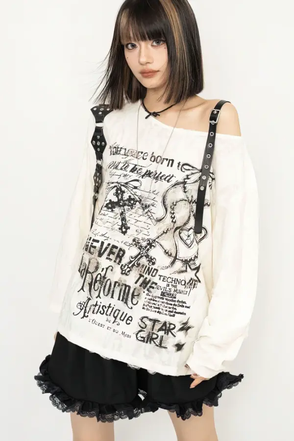 Y2K Distressed Off-Shoulder Long Sleeve Tee - y2k distressed off shoulder long sleeve tee - Y2K Grunge Streetwear Aesthetic by Vexlyne