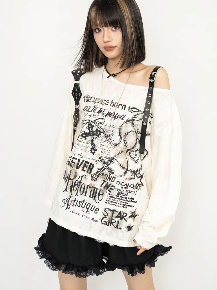 Y2K Distressed Off-Shoulder Long Sleeve Tee - y2k distressed off shoulder long sleeve tee - Y2K Grunge Streetwear Aesthetic by Vexlyne