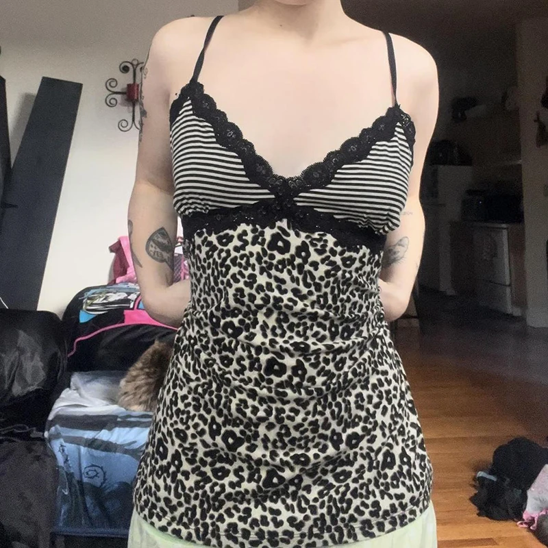 Y2K Leopard Lace Patchwork Spaghetti Strap Camisole - Y2K Leopard Lace Patchwork - Y2K Grunge Streetwear Aesthetic by Vexlyne
