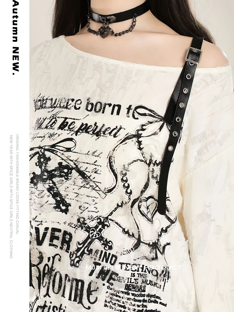 Y2K Distressed Off-Shoulder Long Sleeve Tee - y2k distressed off shoulder long sleeve tee - Y2K Grunge Streetwear Aesthetic by Vexlyne