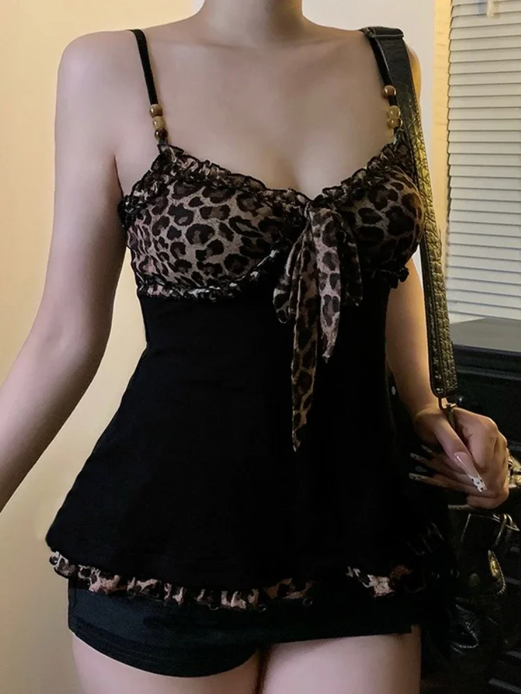 Y2K Leopard Patchwork Lace-Up Crop Camisole - y2k leopard patchwork lace up crop camisole - Y2K Grunge Streetwear Aesthetic by Vexlyne