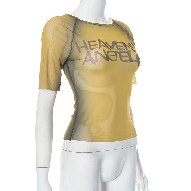 Y2K Sheer Letter Print Graphic Crop Top - y2k sheer letter print graphic crop top - Y2K Grunge Streetwear Aesthetic by Vexlyne
