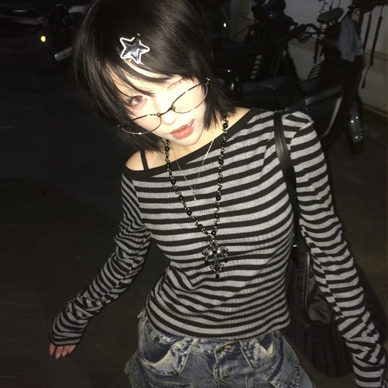 Japanese Y2K Off Shoulder Striped Long Sleeve Crop Top - Japanese Y2K Off Shoulder - Y2K Grunge Streetwear Aesthetic by Vexlyne