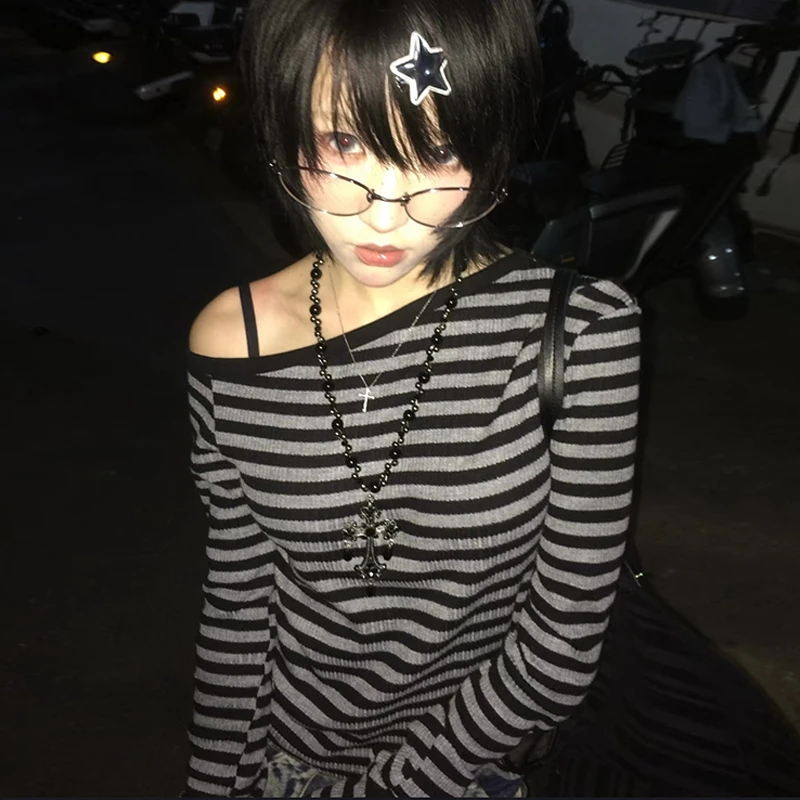 Japanese Y2K Off Shoulder Striped Long Sleeve Crop Top - Japanese Y2K Off Shoulder - Y2K Grunge Streetwear Aesthetic by Vexlyne