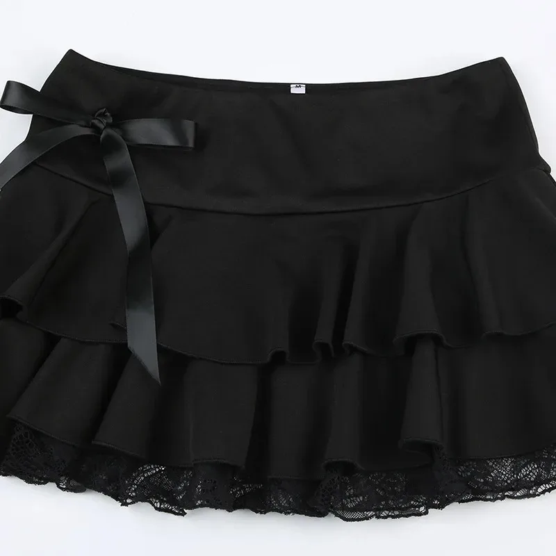 Goth Y2K Black Lace Bow A-Line Mini Skirt - Goth Y2K Black Lace - Y2K Grunge Streetwear Aesthetic by Vexlyne