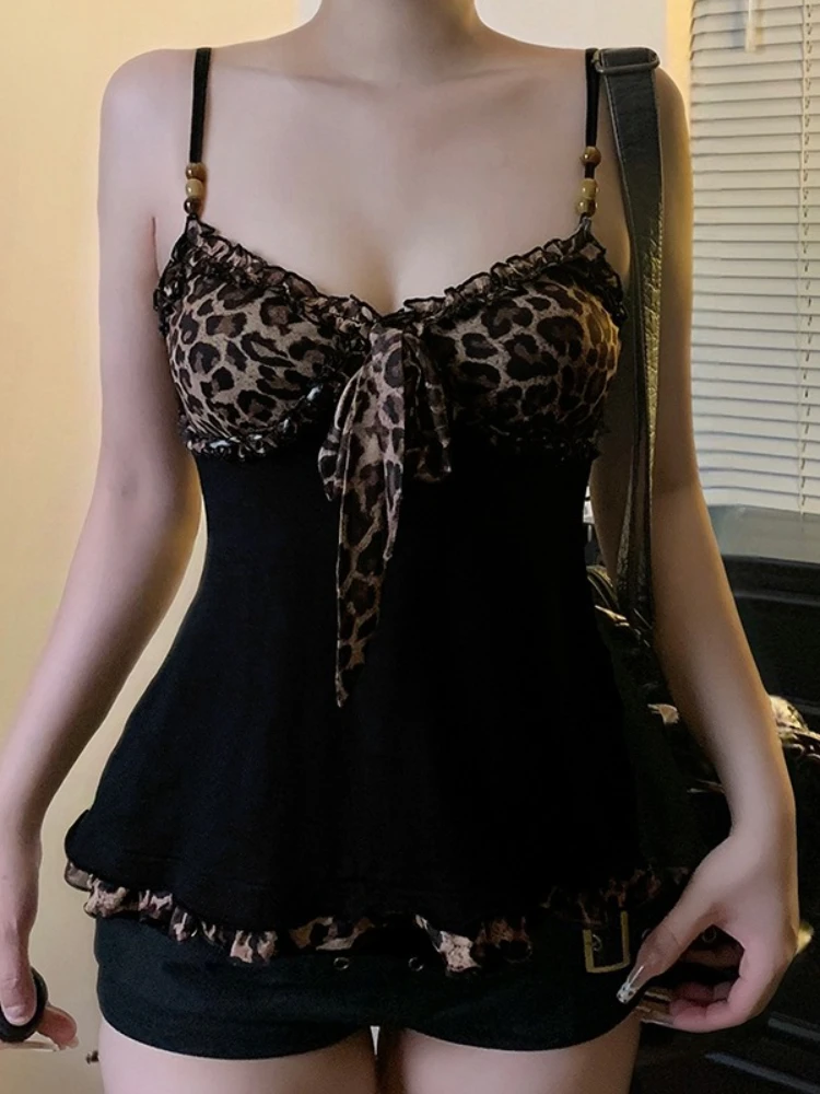 Y2K Leopard Patchwork Lace-Up Crop Camisole - y2k leopard patchwork lace up crop camisole - Y2K Grunge Streetwear Aesthetic by Vexlyne