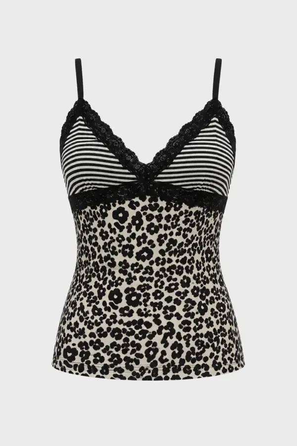 Y2K Leopard Lace Patchwork Spaghetti Strap Camisole - Y2K Leopard Lace Patchwork - Y2K Grunge Streetwear Aesthetic by Vexlyne