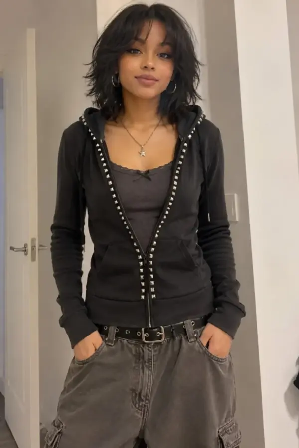 Y2K Gothic Rivet Zipper Hoodie - Black Oversized - y2k gothic rivet zipper hoodie black oversized - Y2K Grunge Streetwear Aesthetic by Vexlyne