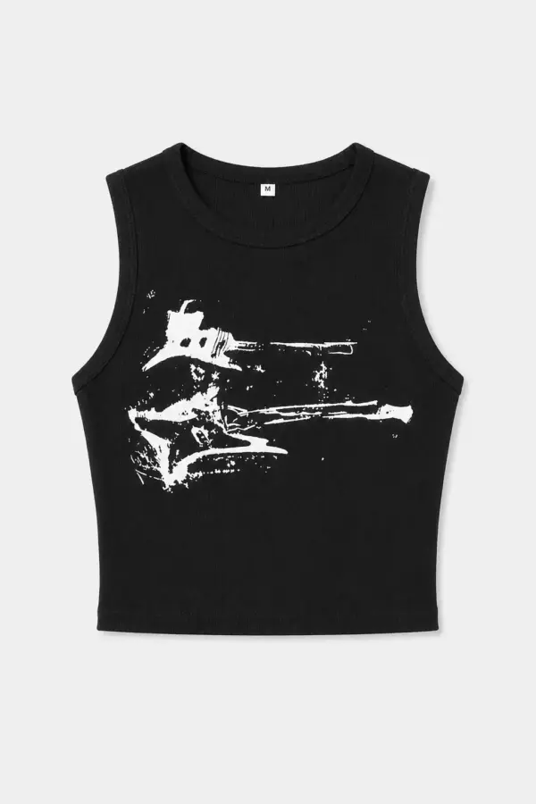 Y2K Grunge Guitar Print Ribbed Crop Tank Top - Y2K Grunge Guitar Print - Y2K Grunge Streetwear Aesthetic by Vexlyne