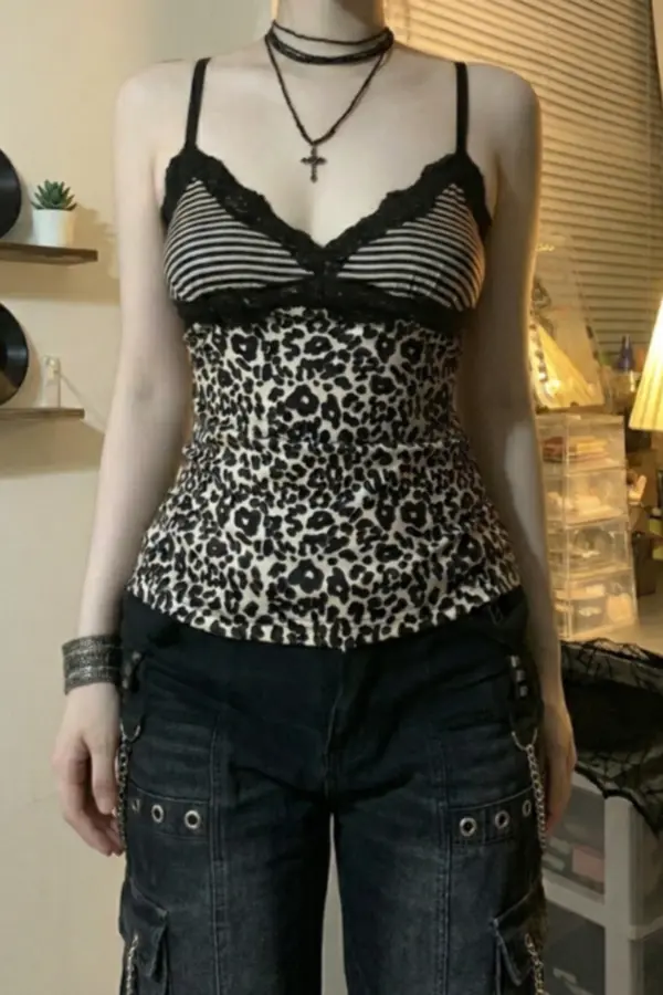 Y2K Leopard Lace Patchwork Spaghetti Strap Camisole - Y2K Leopard Lace Patchwork - Y2K Grunge Streetwear Aesthetic by Vexlyne