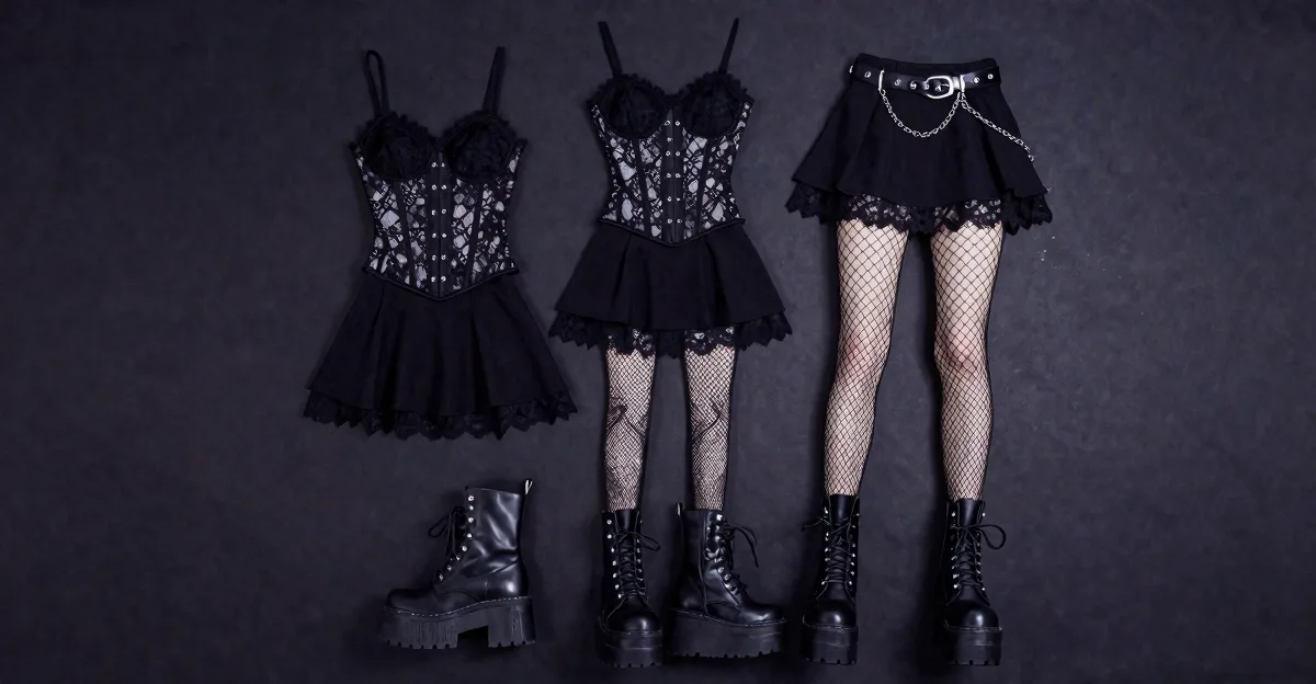 Goth fashion for beginners - black corset top, mini skirt, combat boots flat lay