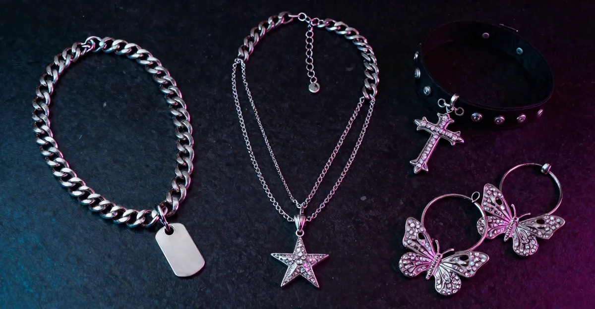 Y2K jewelry trends with layered chains, star pendants, chokers, beads, and oversized hoops