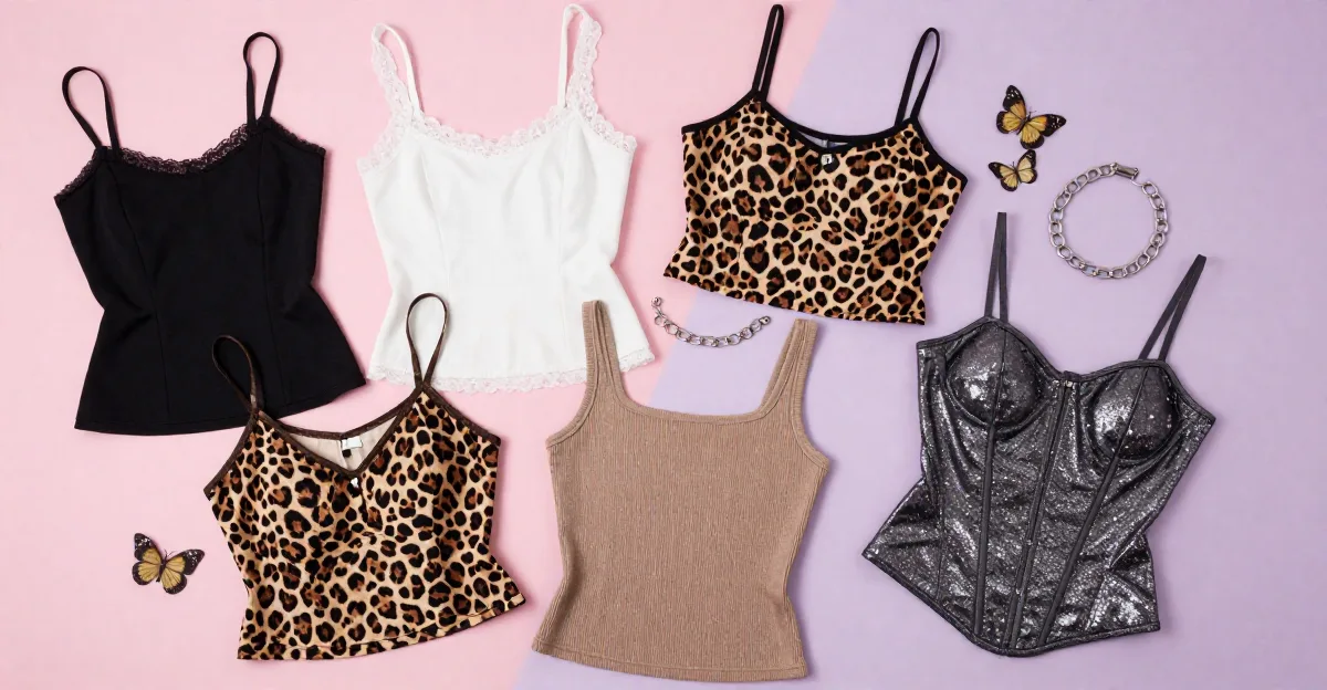 Flat lay of Y2K tube tops, camisoles and tank tops